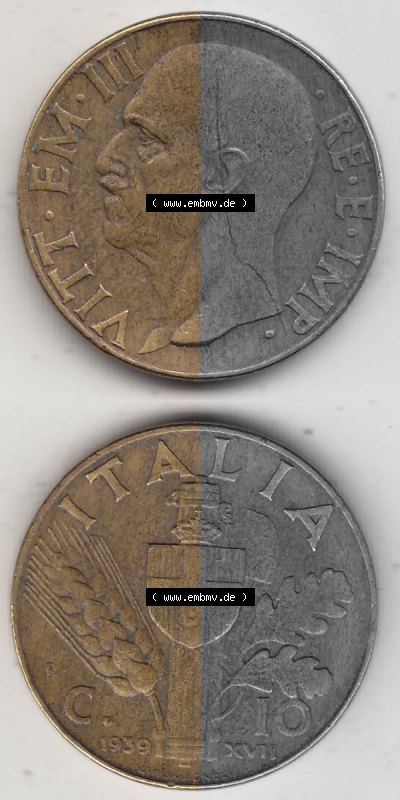 Alte Münzen KMS Italien / Italia, Kursmünzensatz - Zusammenstellung 1908-1943, mit Münze 1939-1943, 10 Centesimi, Cent, Viktor... Sammlung
