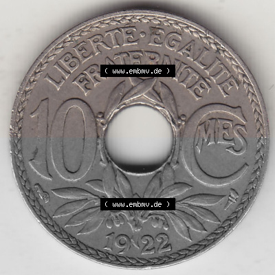Frankreich 10 CMES EGALITÉ FRATERNITÉ LIBERTÉ 1922 (Stück 1), 10 Cmes / Centime / Cent Umlaufmünze aus Frankreich in der... Sammlung