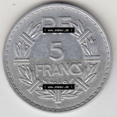 Alte Münzen KMS Frankreich, aus Kursmünzensatz-Zusammenstellung der Jahre 1917-1952, mit der Münze 1945-1952, 5 Franken, Francs... Sammlung