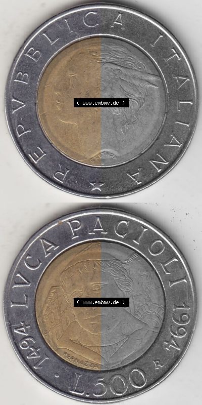 Bildmaterial von Münzen aus Italien / Italia Gedenkmünzen 1994-1994, 500 Lire, 500. Geburtstag von Luca Pacioli (1494-1994)-1.... Sammlung