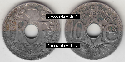 Münzen Frankreich Umlaufmünze Vollansicht 1917-1938, 10 Centimes, 10 CMES EGALITÉ FRATERNITÉ LIBERTÉ 1933 (Stück 1). Beidseitiges... Sammlung