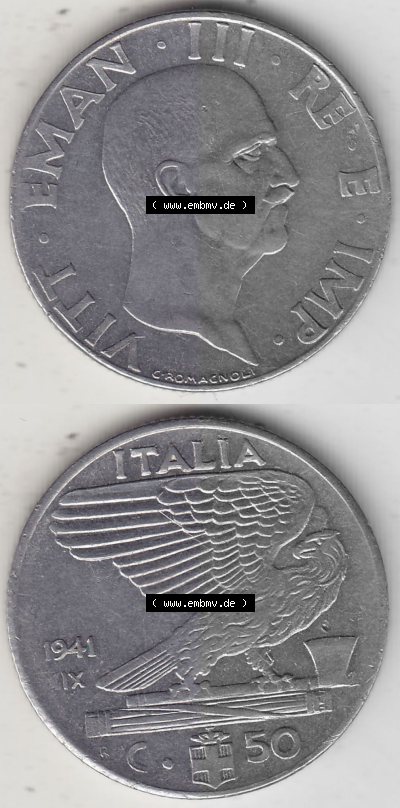 Alte Münzen KMS Italien / Italia, Kursmünzensatz - Zusammenstellung 1908-1943, mit Münze 1939-1943, 50 Centesimi, Cent, Viktor... Sammlung