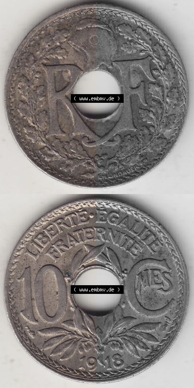 Münzen Frankreich Umlaufmünze Vollansicht 1917-1938, 10 Centimes, 10 CMES EGALITÉ FRATERNITÉ LIBERTÉ 1918 (Stück 2). Vertikales... Sammlung