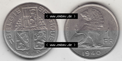 Münze 1939-1940, 1 FR, Franken, BELGIE - BELGIQUE 1940 Sammlung