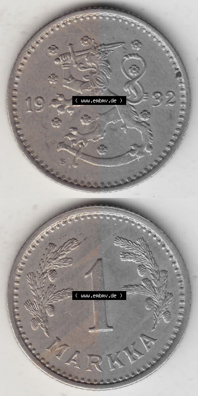 Alte Münzen KMS Finnland, Kursmünzensatz 1928-1940, 1 finnische Mark, Markka 1932. Digitales Bild / Bildmaterial für IPhone... Sammlung