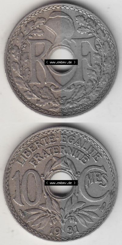 Münzen Frankreich Umlaufmünze Vollansicht 1917-1938, 10 Centimes, 10 CMES EGALITÉ FRATERNITÉ LIBERTÉ 1931 (Stück 1). Vertikales... Sammlung