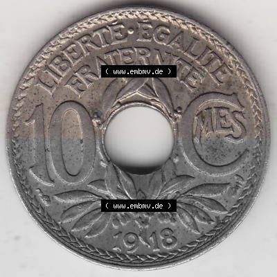 Münzen Frankreich Umlaufmünze 1917-1938, 10 Centimes, 10 CMES EGALITÉ FRATERNITÉ LIBERTÉ 1918 (Stück 2). Digitales Bild... Sammlung