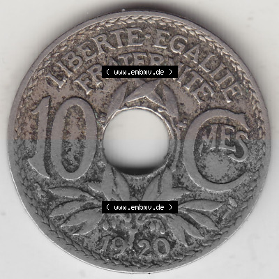 Münzen Frankreich Umlaufmünze 1917-1938, 10 Centimes, 10 CMES EGALITÉ FRATERNITÉ LIBERTÉ 1920 (Stück 1). Digitales Bild... Sammlung