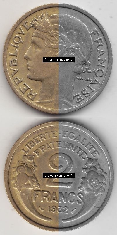 Alte Münzen KMS Frankreich, aus Kursmünzensatz-Zusammenstellung der Jahre 1917-1952, mit der Münze 1931-1941, 2 Franken, Francs,... Sammlung