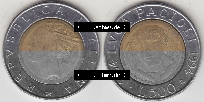Bildmaterial von Münzen aus Italien / Italia Gedenkmünzen 1994-1994, 500 Lire, 500. Geburtstag von Luca Pacioli (1494-1994)-1.... Sammlung