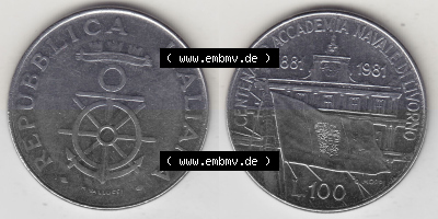 Bildmaterial von Münzen aus Italien / Italia Gedenkmünzen 1981-1981, 100 Lire, 100. Jahrestag der Gründung der Marineakademie... Sammlung