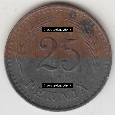 Alte Münzen KMS Finnland, Kursmünzensatz 1940-1943, 25 Penny, Penniä Kupfer 1941 (Stück 1). Rückseite mit Wert-Zahl bzw.... Sammlung
