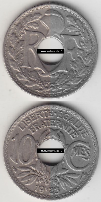 Münzen Frankreich Umlaufmünze Vollansicht 1917-1938, 10 Centimes, 10 CMES EGALITÉ FRATERNITÉ LIBERTÉ 1923 (Stück 1). Vertikales... Sammlung