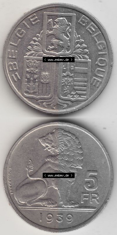Münze 1938-1939, 5 Franken, FR, Francs, BELGIE - BELGIQUE 1939 Sammlung