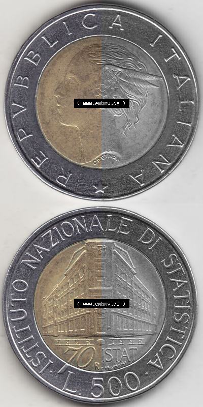 Bildmaterial von Münzen aus Italien / Italia Gedenkmünzen 1996-1996, 500 Lire, 70 Jahre Nationales Institut für Statistik (1926-1996),... Sammlung
