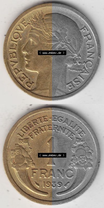 Alte Münzen KMS Frankreich, aus Kursmünzensatz-Zusammenstellung der Jahre 1917-1952, mit der Münze 1931-1941, 1 Franken, Franc,... Sammlung