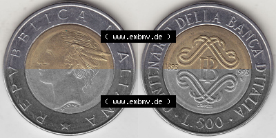Bildmaterial von Münzen aus Italien / Italia Gedenkmünzen 1993-1993, 500 Lire, 100 Jahre Bank von Italien (1893-1993), CENTENARIO... Sammlung