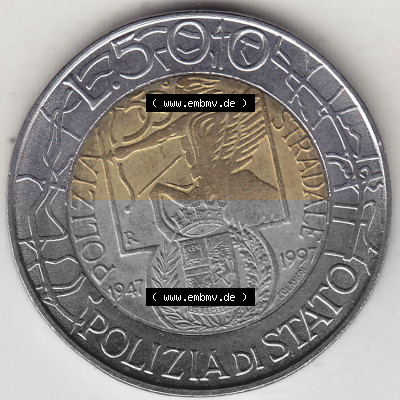 Bildmaterial von Münzen aus Italien / Italia Gedenkmünzen 1997-1997, 500 Lire, 50 Jahre Staatspolizei (1947-1997), POLIZIA DI... Sammlung