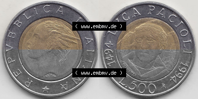 Bildmaterial von Münzen aus Italien / Italia Gedenkmünzen 1994-1994, 500 Lire, 500. Geburtstag von Luca Pacioli (1494-1994)-2.... Sammlung
