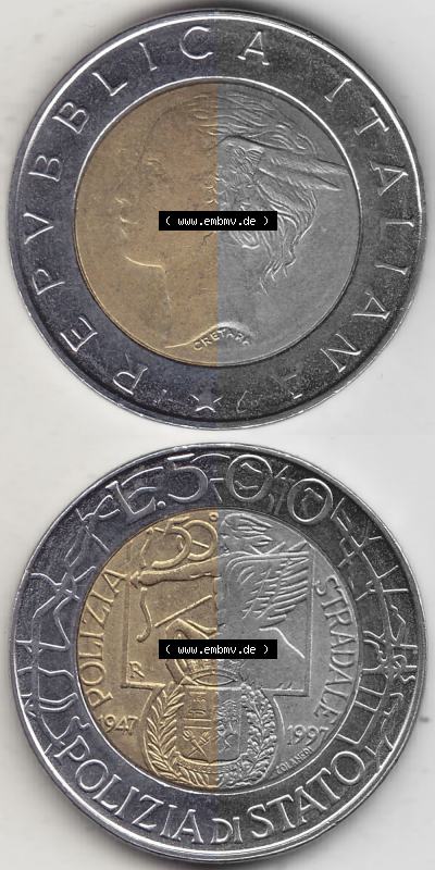 Bildmaterial von Münzen aus Italien / Italia Gedenkmünzen 1997-1997, 500 Lire, 50 Jahre Staatspolizei (1947-1997), POLIZIA DI... Sammlung