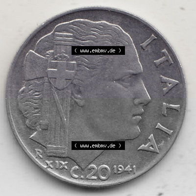 Alte Münzen KMS Italien / Italia, Kursmünzensatz - Zusammenstellung 1908-1943, mit Münze 1939-1943, 20 C. Centesimi, Cent 1941... Sammlung