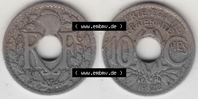 Münzen Frankreich Umlaufmünze Vollansicht 1917-1938, 10 Centimes, 10 CMES EGALITÉ FRATERNITÉ LIBERTÉ 1922 (Stück 1). Beidseitiges... Sammlung