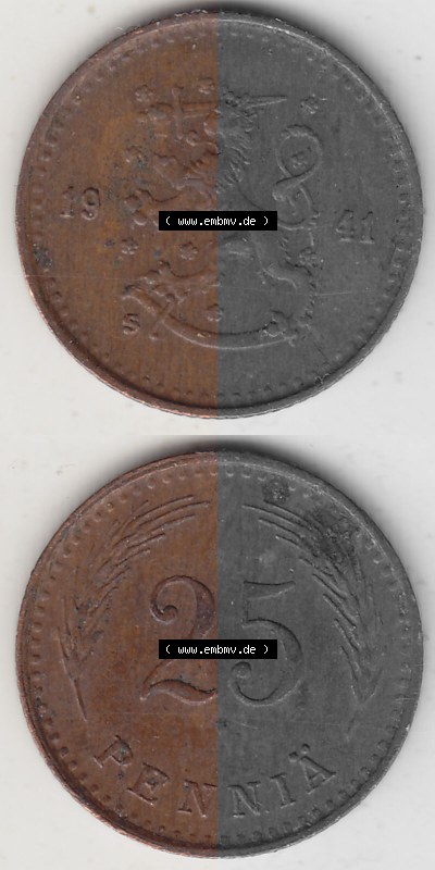 Alte Münzen KMS Finnland, Kursmünzensatz 1940-1943, 25 Penny, Penniä Kupfer 1941 (Stück 1). Digitales Bild / Bildmaterial... Sammlung