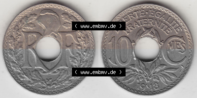 Frankreich 10 CMES EGALITÉ FRATERNITÉ LIBERTÉ 1918 (Stück 1), 10 Cmes / Centime / Cent Umlaufmünze aus Frankreich in der... Sammlung