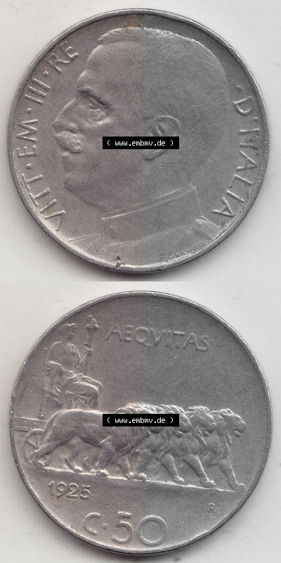 Alte Münzen KMS Italien / Italia, Kursmünzensatz - Zusammenstellung 1908-1943, mit Münze 1919-1935, 50 Centesimi, Cent Viktor... Sammlung
