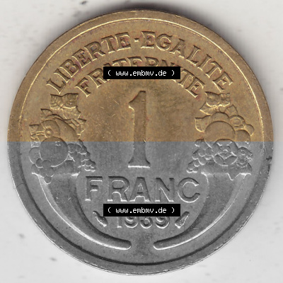 Alte Münzen KMS Frankreich, aus Kursmünzensatz-Zusammenstellung der Jahre 1917-1952, mit der Münze 1931-1941, 1 Franken, Franc,... Sammlung
