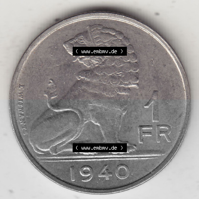 Münze 1939-1940, 1 FR, Franken, BELGIE - BELGIQUE 1940 Sammlung