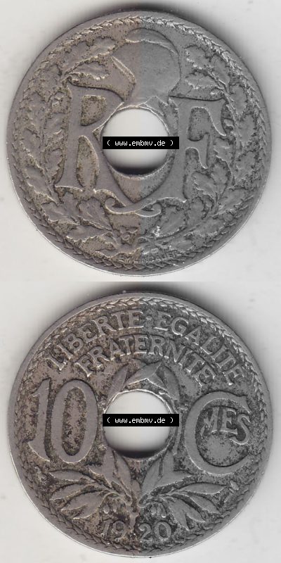 Münzen Frankreich Umlaufmünze Vollansicht 1917-1938, 10 Centimes, 10 CMES EGALITÉ FRATERNITÉ LIBERTÉ 1920 (Stück 1). Vertikales... Sammlung