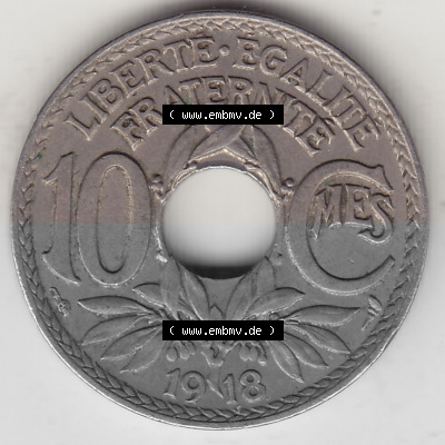 Münzen Frankreich Umlaufmünze 1917-1938, 10 Centimes, 10 CMES EGALITÉ FRATERNITÉ LIBERTÉ 1918 (Stück 1). Digitales Bild... Sammlung