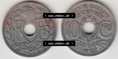 Umlaufmünze 10 Cmes - Centimes - Cent aus Frankreich in der Francs-Währung Sammlung