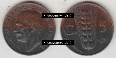 Alte Münzen KMS Italien / Italia, Kursmünzensatz - Zusammenstellung 1908-1943, mit Münze 1919-1937, 5 Centesimi, Cent, Viktor... Sammlung