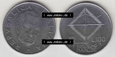 Bildmaterial von Münzen aus Italien / Italia Gedenkmünzen 1974-1974, 100 Lire, 100. Geburtstag von Guglielmo Marconi (1874-1974)-1.... Sammlung