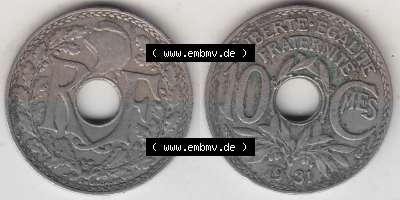 Frankreich 10 CMES EGALITÉ FRATERNITÉ LIBERTÉ 1931 (Stück 2), 10 Cmes / Centime / Cent Umlaufmünze aus Frankreich in der... Sammlung