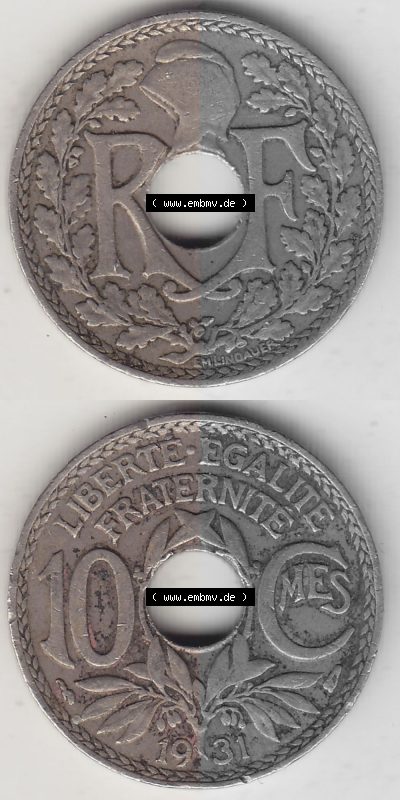 Frankreich 10 CMES EGALITÉ FRATERNITÉ LIBERTÉ 1931 (Stück 1), alten 10 Cmes / Centime / Cent französischen Umlaufmünze aus... Sammlung
