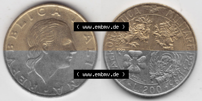 Bildmaterial von Münzen aus Italien / Italia Gedenkmünzen 1993-1993, 200 Lire Militärischen Luftfahrt. Vorderseite und Rückseite... Sammlung