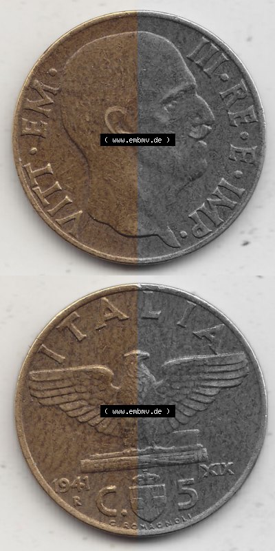 Alte Münzen KMS Italien / Italia, Kursmünzensatz - Zusammenstellung 1908-1943, mit Münze 1939-1943, 5 Centesimi, Cent, Viktor... Sammlung