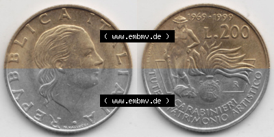 Bildmaterial von Münzen aus Italien / Italia Gedenkmünzen 1999-1999, 200 Lire Carabinieri, Schutz der Kunsterbe. Vorderseite... Sammlung