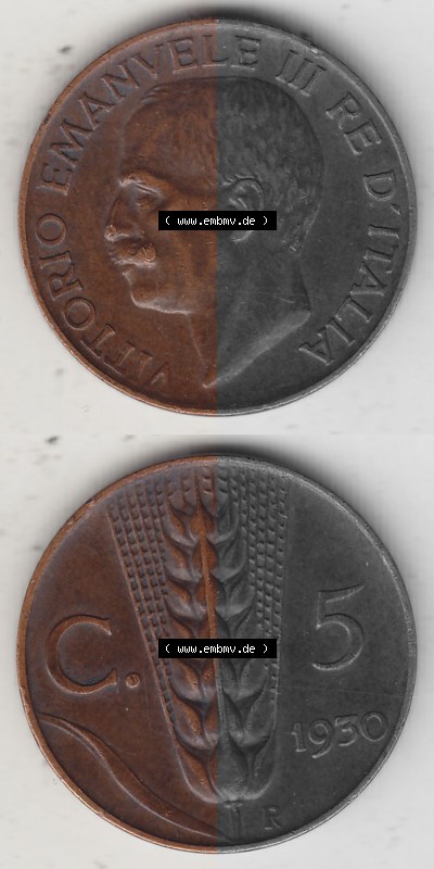 Alte Münzen KMS Italien / Italia, Kursmünzensatz - Zusammenstellung 1908-1943, mit Münze 1919-1937, 5 Centesimi, Cent, Viktor... Sammlung