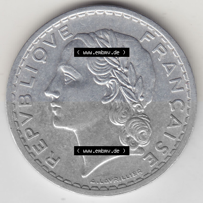 Alte Münzen KMS Frankreich, aus Kursmünzensatz-Zusammenstellung der Jahre 1917-1952, mit der Münze 1945-1952, 5 Franken, Francs... Sammlung