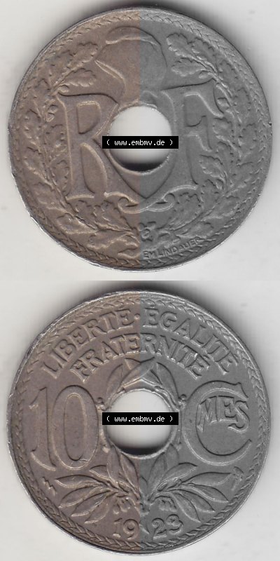 Frankreich 10 CMES EGALITÉ FRATERNITÉ LIBERTÉ 1923 (Stück 1), alten 10 Cmes / Centime / Cent französischen Umlaufmünze aus... Sammlung
