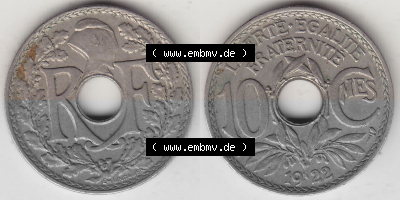 Frankreich 10 CMES EGALITÉ FRATERNITÉ LIBERTÉ 1922 (Stück 2), 10 Cmes / Centime / Cent Umlaufmünze aus Frankreich in der... Sammlung