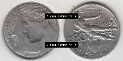 Alte Münzen KMS Italien / Italia, Kursmünzensatz - Zusammenstellung 1908-1943, mit Münze 1908-1935, 20 C. Centesimi, Cent,... Sammlung