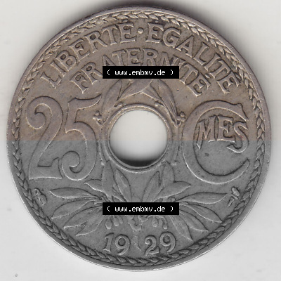 Münzen Frankreich Umlaufmünze 1917-1937, 25 Cmes, Centimes 1929 (Stück 1) LIBERTE EGALITE FRATERNITE. Digitales Bild der Rückseite... Sammlung