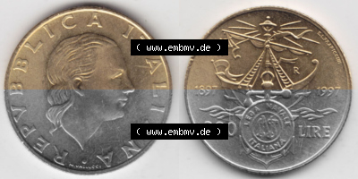 Bildmaterial von Münzen aus Italien / Italia Gedenkmünzen 1997-1997, 200 Lire Italienische Meeresliga. Vorderseite und Rückseite... Sammlung