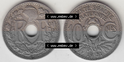 Münzen Frankreich Umlaufmünze Vollansicht 1917-1938, 10 Centimes, 10 CMES EGALITÉ FRATERNITÉ LIBERTÉ 1931 (Stück 1). Beidseitiges... Sammlung