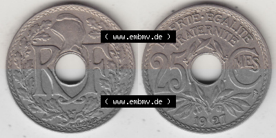 Alte Münzen KMS Frankreich, aus Kursmünzensatz-Zusammenstellung der Jahre 1917-1952, mit der Münze 1917-1937, 25 Cmes, Centime... Sammlung